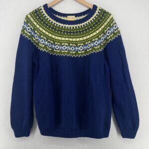 CUSTOM MADE Sweater M BETTY CLAFLIN Fair Isle Nordic Hand Knit Jumper Wool Blue